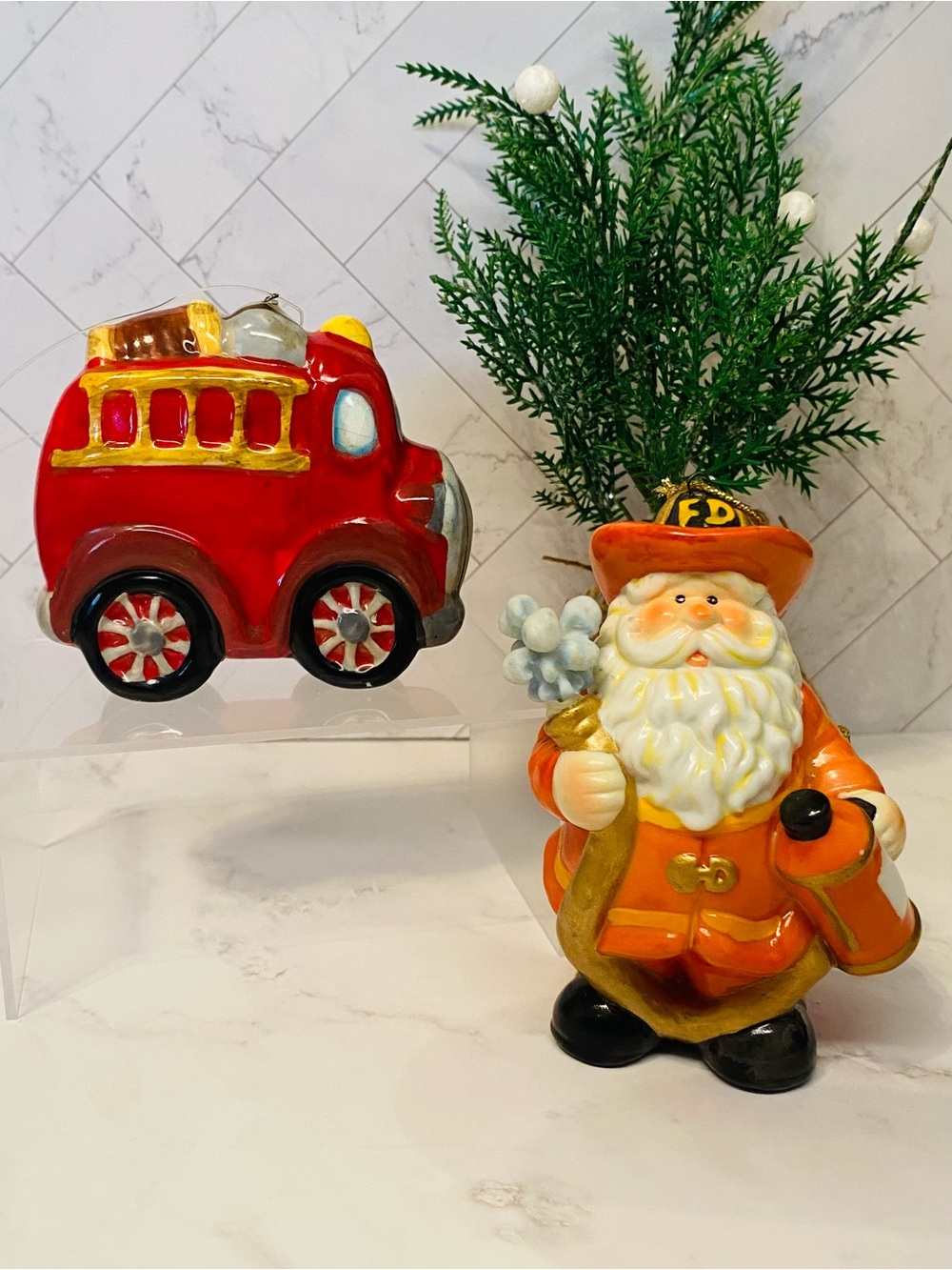 3/$15 Santa Firefighter and Fire Truck Ceramic Christmas Ornaments